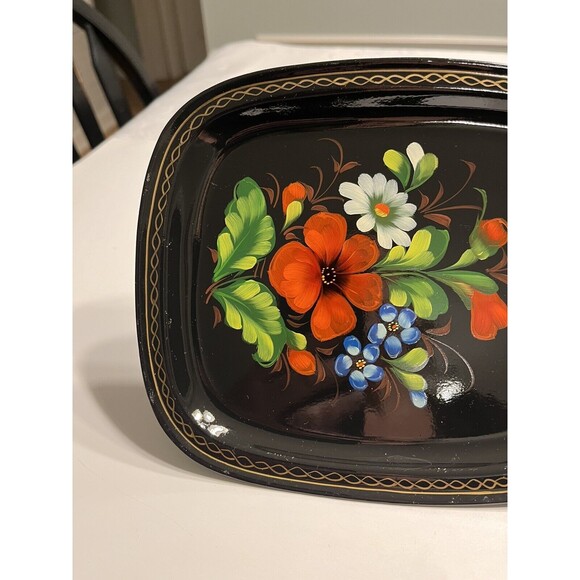 5 Vintage Zhostovo Soviet Russian Hand Painted Flowers Toleware Trays Yeha 8x6” - Picture 12 of 15